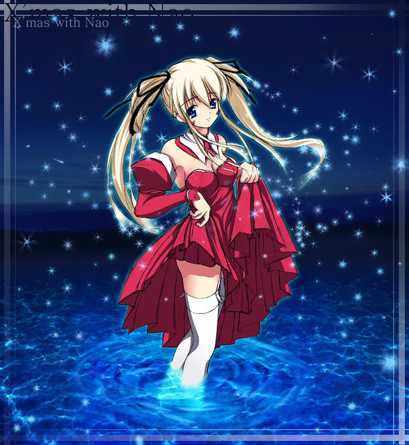 nao (mabinogi), mabinogi, 1girl, blue eyes, breasts, christmas, cleavage, dress, female focus, snow, solo, thighhighs, twintails