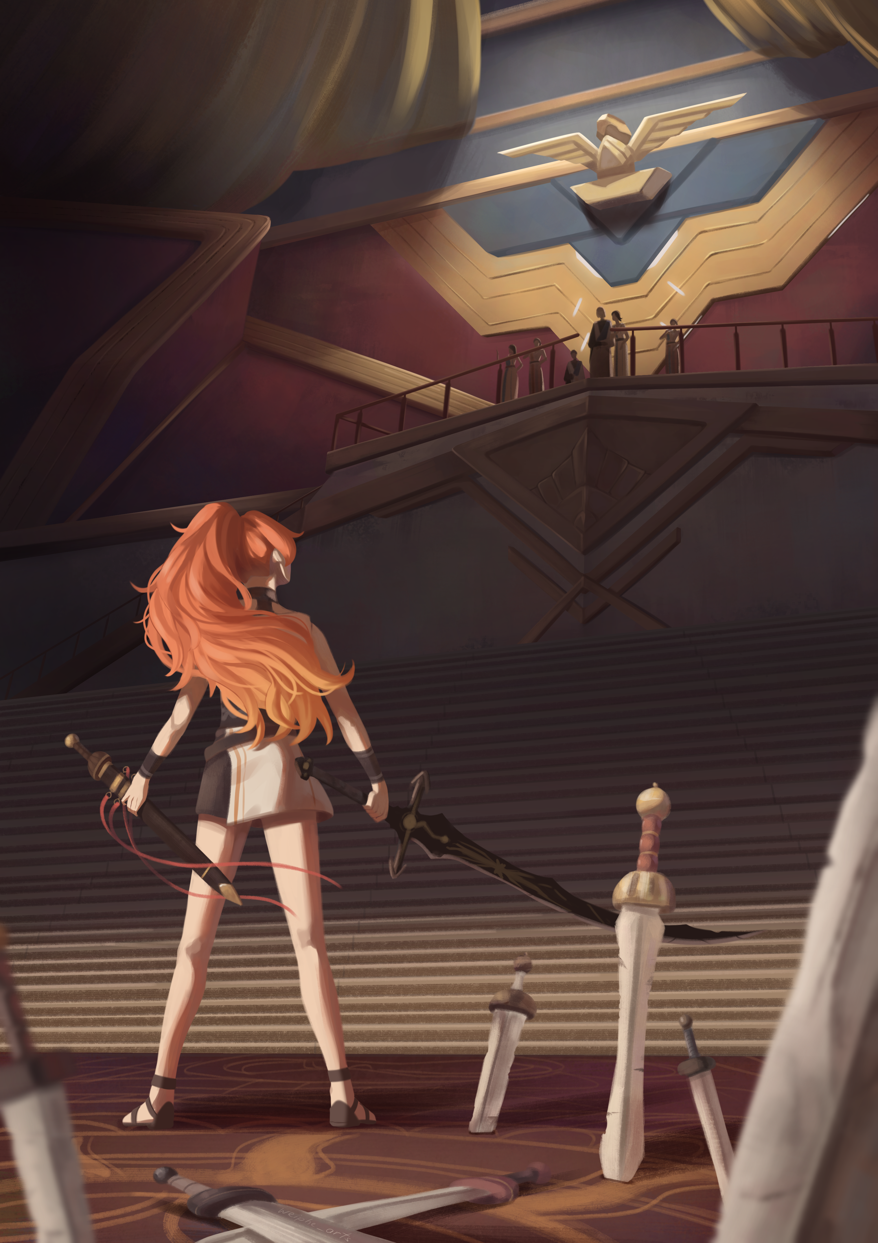 blander mc, augusta (wuthering waves), wuthering waves, absurdres, commentary, highres, 1girl, asymmetrical dual wielding, dual wielding, holding, holding sword, holding weapon, long hair, orange hair, people, ponytail, solo focus, sword, weapon, wrist guards