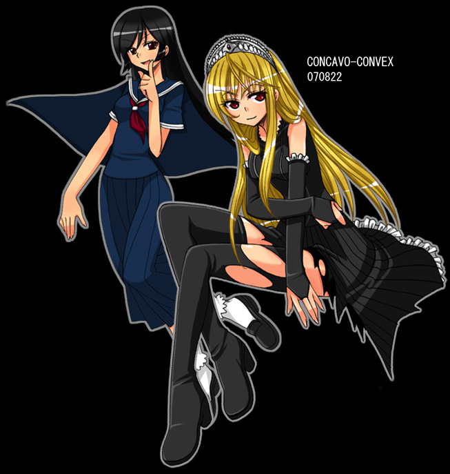 hime (kaibutsu oujo), kamura reiri, kaibutsu oujo, source request, 00s, black hair, blonde hair, detached sleeves, elbow gloves, gloves, long hair, red eyes, school uniform, serafuku, smile, thighhighs, tiara, torn clothes, vampire