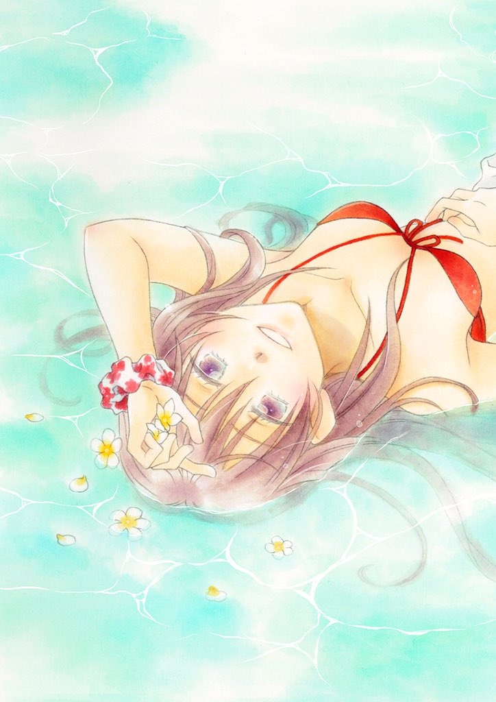 katsuki (fudepenclub), erica fontaine, sakura taisen, sakura taisen iii, bikini, blush, breasts, brown eyes, brown hair, flower, front-tie bikini top, front-tie top, halterneck, hand on own stomach, holding, holding flower, long hair, looking at viewer, lying, medium breasts, ocean, on back, red bikini, red scrunchie, scrunchie, sidelocks, smile, swimsuit, wrist scrunchie