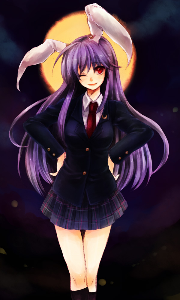 usa (artist), usaki (ama), reisen udongein inaba, touhou, bad id, bad pixiv id, 1girl, animal ears, blazer, female focus, full moon, hands on own hips, jacket, long hair, moon, necktie, one eye closed, plaid clothes, plaid skirt, pleated skirt, purple hair, rabbit ears, red eyes, red necktie, school uniform, skirt, smile, solo, wink
