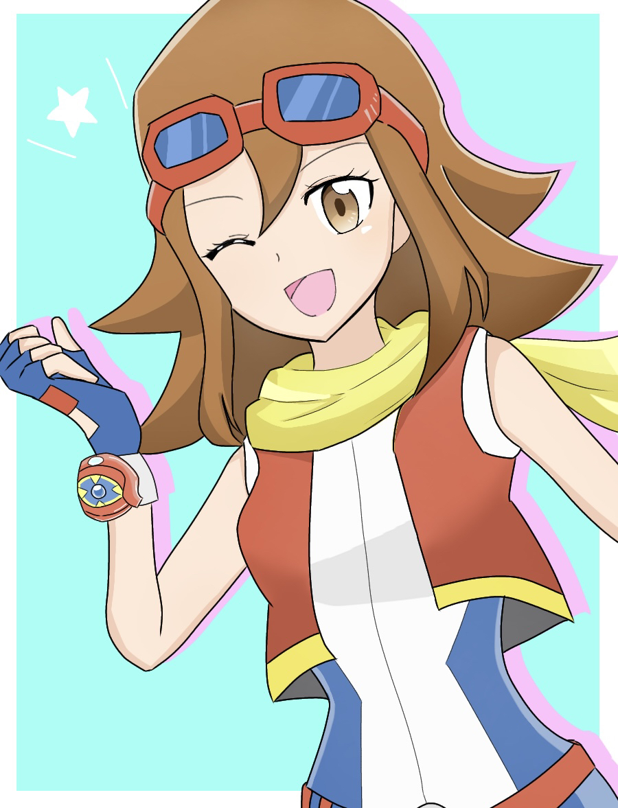 summer (pokemon), nintendo, pokemon, pokemon ranger: guardian signs, pokemon ranger (series), commentary request, 1girl, ;d, blue background, blue gloves, border, brown eyes, brown hair, cropped jacket, fingerless gloves, gloves, goggles, goggles on head, ichigono lemon (rwnx8442), jacket, looking at viewer, one eye closed, open clothes, open jacket, open mouth, outside border, red jacket, scarf, shirt, sleeveless, sleeveless jacket, sleeveless shirt, smile, solo, star (symbol), upper body, white border, yellow scarf