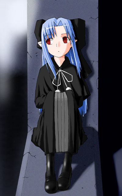 len (tsukihime), melty blood, tsukihime, type-moon, 00s, 1girl, bad anatomy, blue hair, female focus, pointy ears, poorly drawn, red eyes, sitting, solo