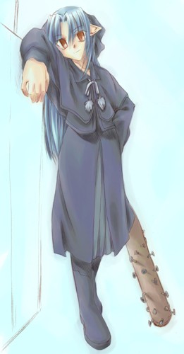 len (tsukihime), melty blood, tsukihime, type-moon, lowres, baseball bat, blue hair, cosplay, nail (hardware), nail bat, pointy ears, red eyes, solo, weapon, what