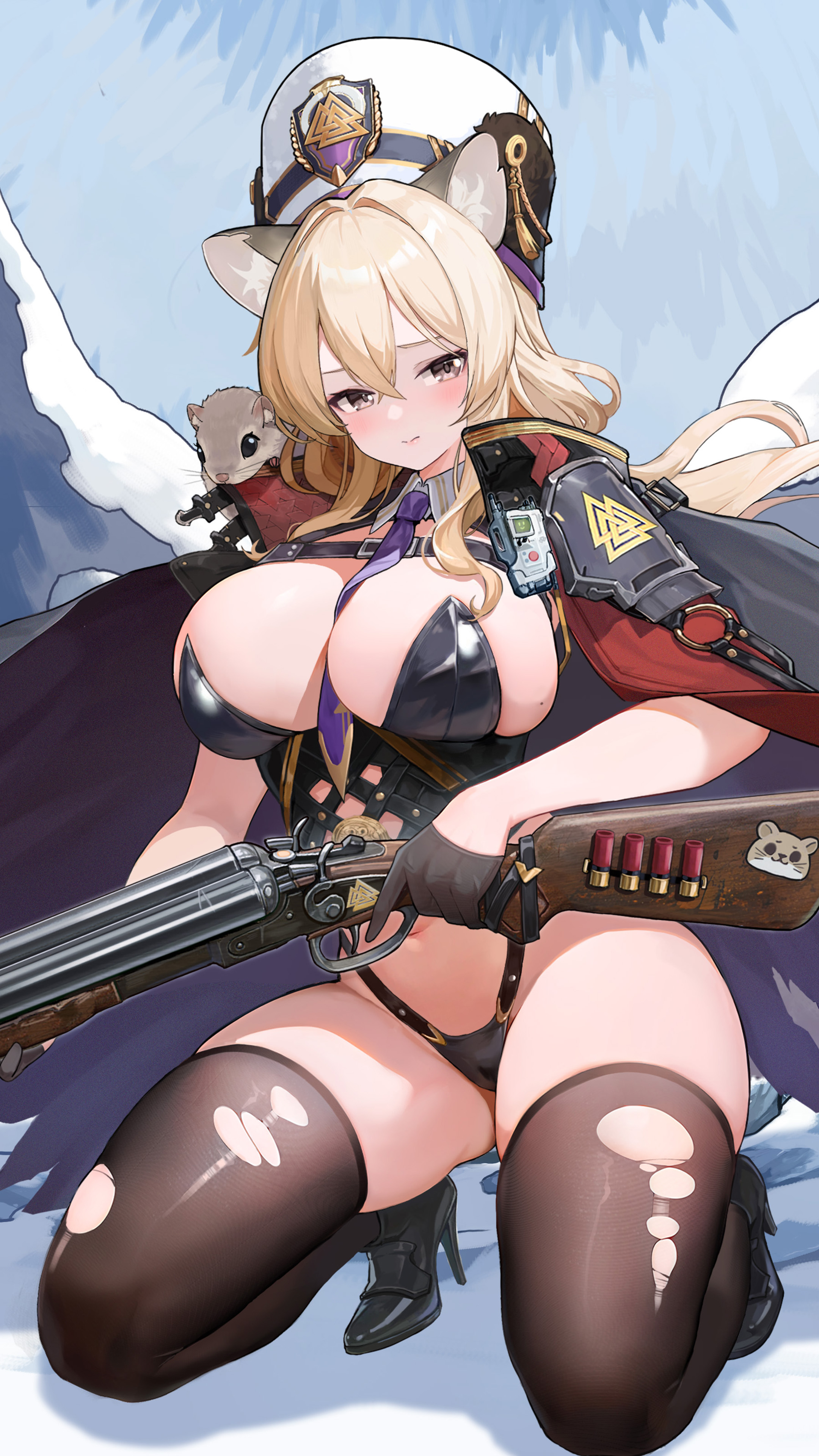 echocalypse, absurdres, artist request, highres, official art, 1girl, animal, animal ear fluff, animal ears, animal on shoulder, between breasts, black gloves, black leotard, black shoes, blonde hair, breasts, chest belt, cleavage, closed mouth, clothing cutout, gloves, grey eyes, gun, hat, high heels, holding, holding gun, holding weapon, large breasts, leotard, long hair, mole, mole on breast, natalia (echocalypse), necktie, necktie between breasts, purple necktie, shoes, shotgun, snow, stomach cutout, tassel, thighhighs, torn clothes, torn thighhighs, trigger discipline, weapon, white hat