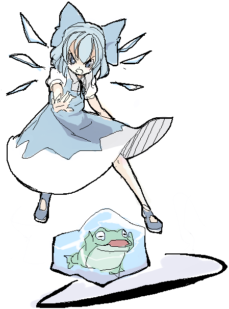nanami natsuki, nanaumi natsuki, cirno, embodiment of scarlet devil, touhou, >:o, 1girl, :o, animal, black shoes, blue bow, blue dress, blue eyes, blue hair, bow, detached wings, dress, female focus, flying, frog, full body, hair bow, ice, ice wings, no socks, open mouth, outstretched arm, pinafore dress, puffy short sleeves, puffy sleeves, shirt, shoes, short hair, short sleeves, simple background, sleeveless, sleeveless dress, solo, v-shaped eyebrows, white background, white shirt, wings