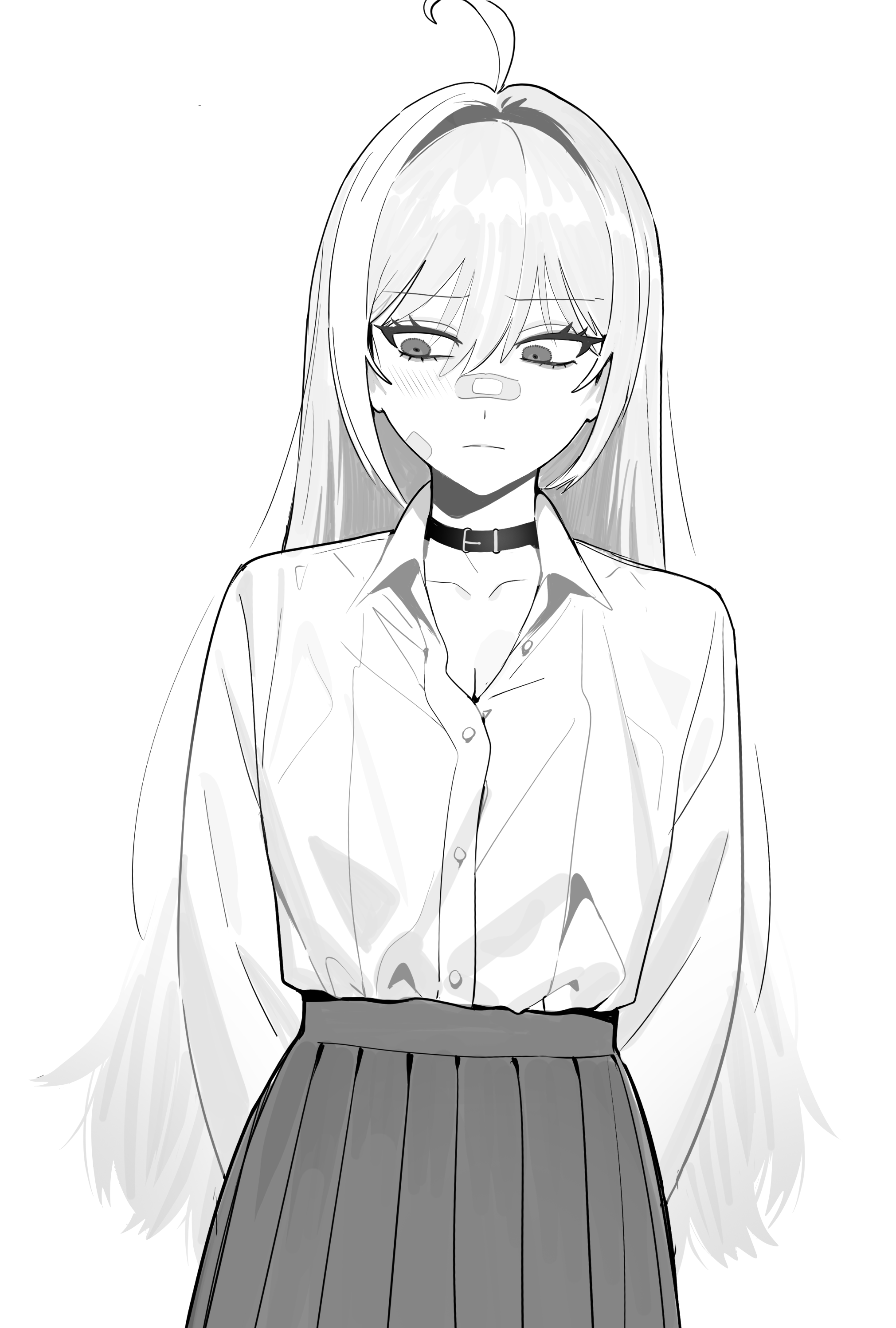 sohn woohyoung, mori (nikke), goddess of victory: nikke, absurdres, highres, 1girl, ahoge, alternate hairstyle, arms behind back, bandaid, bandaid on cheek, bandaid on face, bandaid on nose, buttons, collar, collarbone, collared shirt, facing viewer, hair between eyes, hair intakes, long hair, long sleeves, looking down, monochrome, multicolored hair, pleated skirt, shirt, shirt tucked in, skirt, solo, standing, standing on one leg, streaked hair, upper body, white background