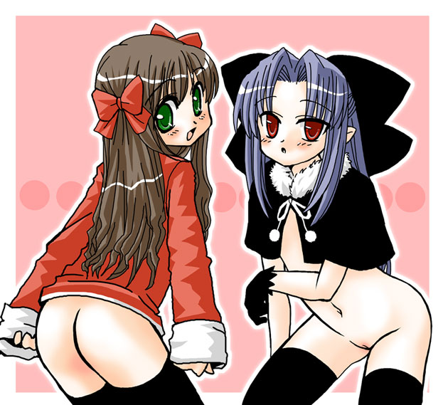 doushindou, arima miyako, len (tsukihime), melty blood, tsukihime, type-moon, 00s, 2girls, ass, bad anatomy, blue hair, blush, cleft of venus, flat chest, green eyes, loli, multiple girls, no panties, nude, pointy ears, poorly drawn, pussy, red eyes, thighhighs