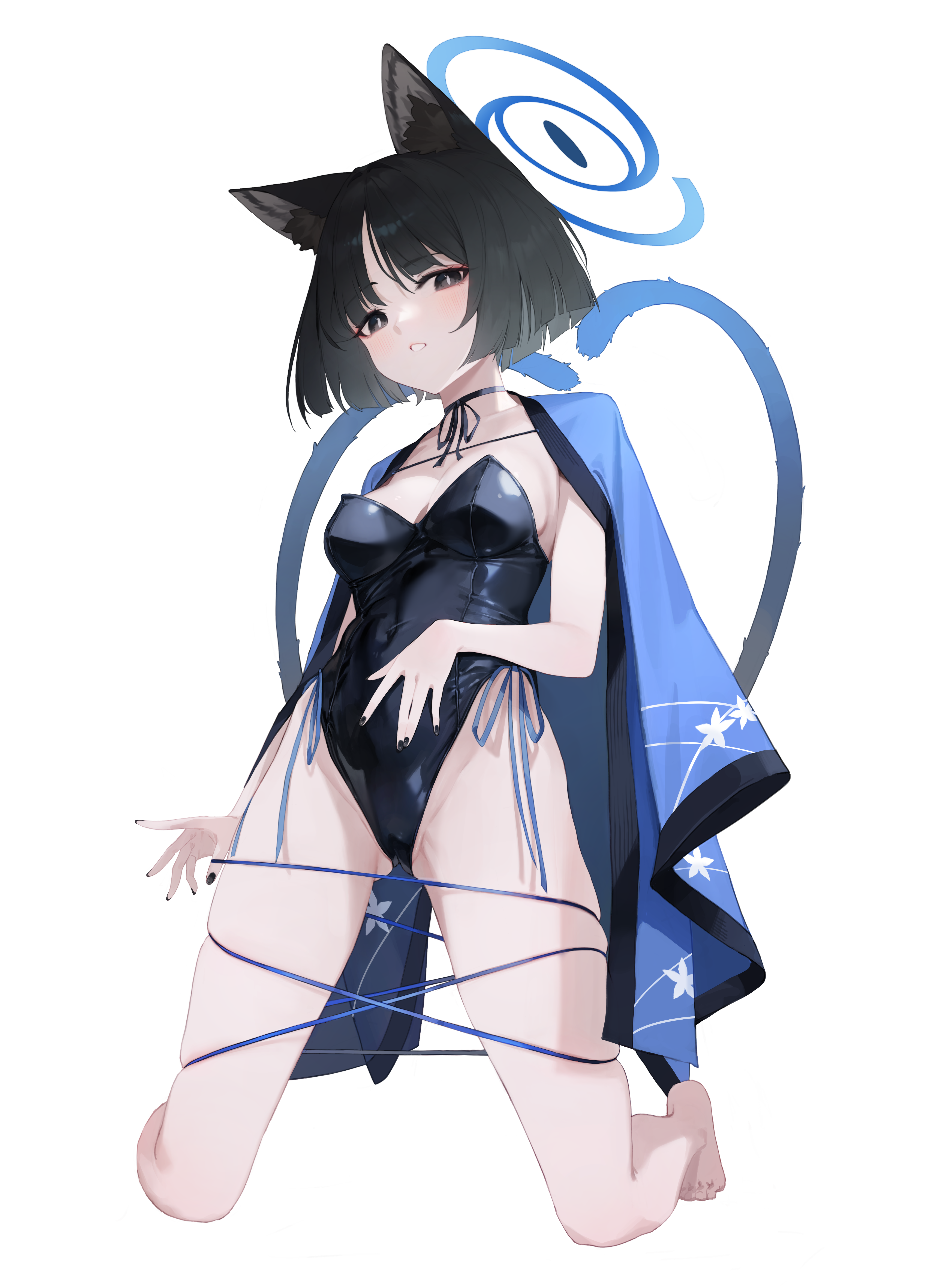bbul horn, kikyou (blue archive), blue archive, absurdres, highres, 1girl, alternate costume, animal ear fluff, animal ears, bare legs, barefoot, black eyes, black hair, black leotard, black nails, blue halo, blue haori, blush, breasts, cat ears, cat girl, cat tail, halo, haori, highleg, highleg leotard, japanese clothes, kneeling, leotard, looking at viewer, multiple tails, parted bangs, parted lips, short hair, solo, strapless, strapless leotard, tail, two tails