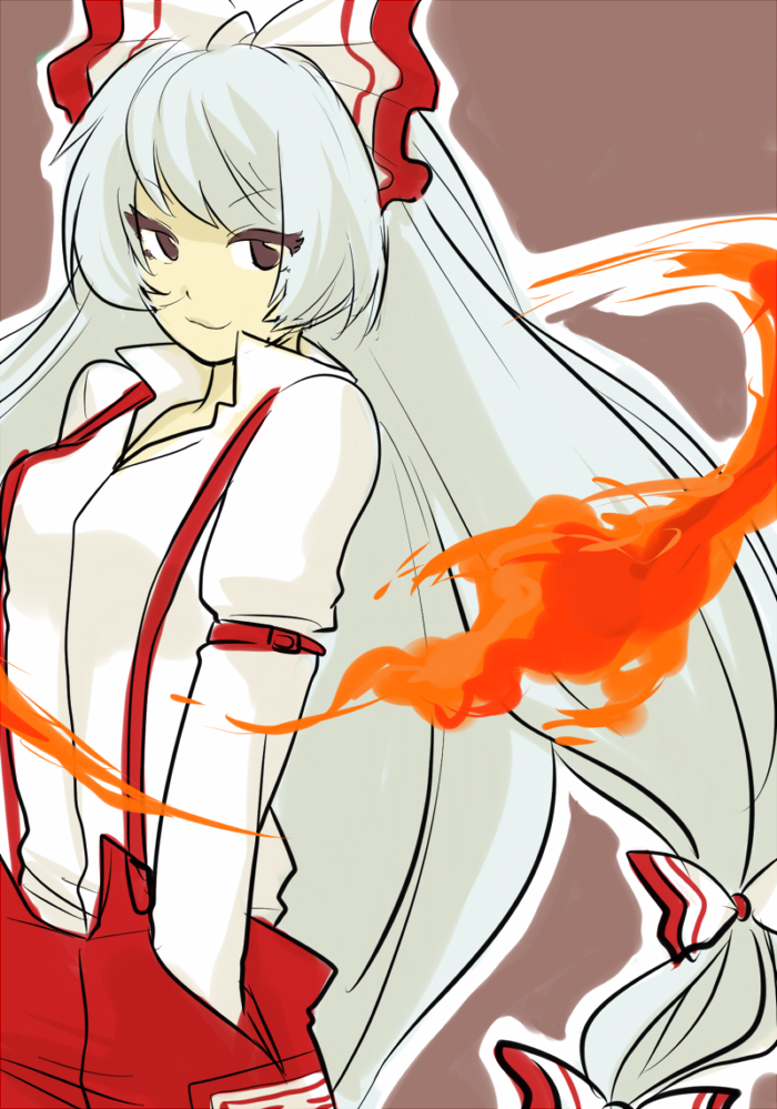 fujiwara no mokou, touhou, 1girl, :3, bow, eyelashes, female focus, fire, long hair, pants, ribbon, solo, suspenders, very long hair