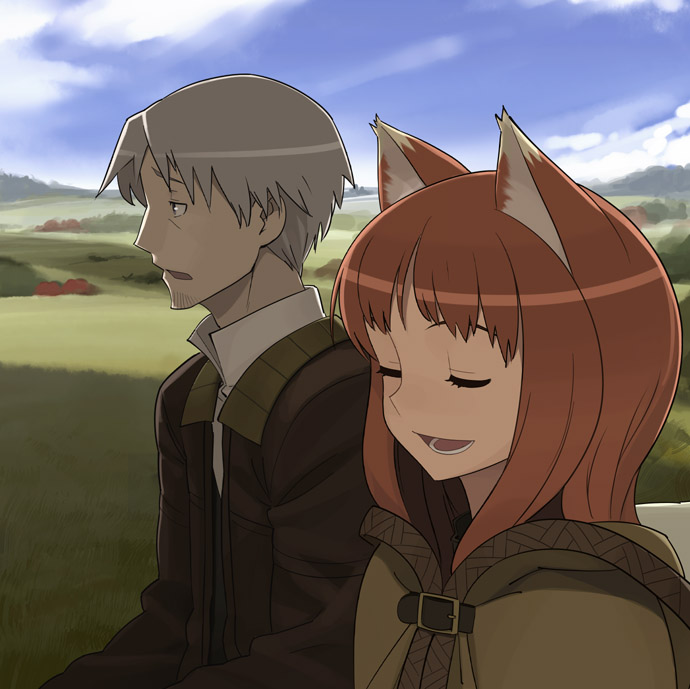 go robots, craft lawrence, holo, spice and wolf, 00s, 1boy, 1girl, animal ears, cloak, closed eyes, jacket, wolf ears