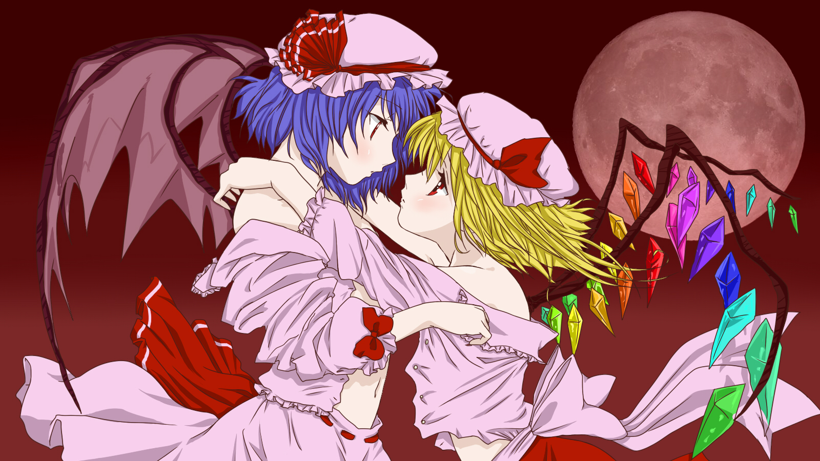 niji (nijioki), flandre scarlet, remilia scarlet, kannazuki no miko, touhou, highres, 2girls, blonde hair, blue hair, blush, eye contact, female focus, full moon, hat, hat ribbon, hug, incest, looking at another, miko embrace, mob cap, moon, multiple girls, parody, red eyes, red moon, ribbon, short hair, siblings, sisters, wings, yuri