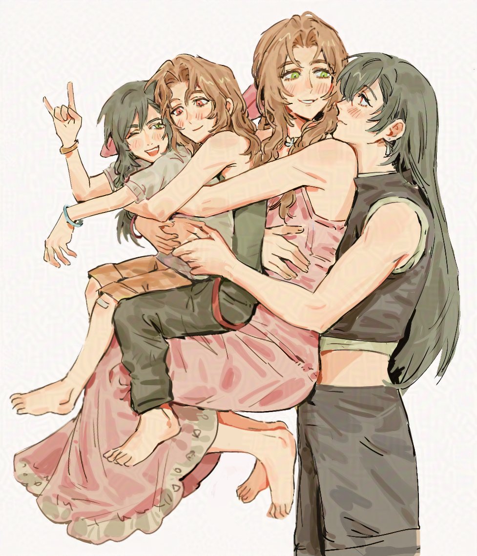 jeremr, aerith gainsborough, tifa lockhart, final fantasy, final fantasy vii, final fantasy vii remake, commentary, hashtag-only commentary, 4girls, bandaid, bandaid on knee, bandaid on leg, barefoot, black hair, black pants, black tank top, blush, bracelet, brown hair, carrying, carrying person, closed mouth, dress, earrings, green eyes, grey shirt, hug, hug from behind, if they mated, jewelry, multiple girls, pants, parted lips, pink dress, red eyes, science babies, shirt, simple background, smile, tank top, toes, white background, yuri