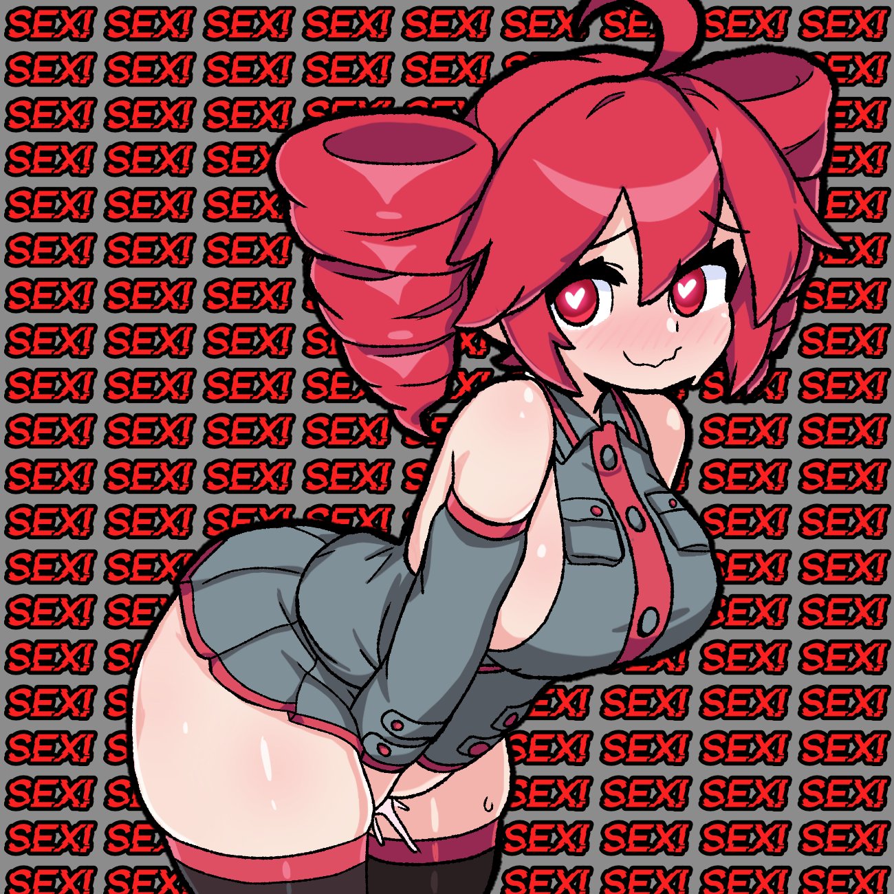 mochi (somniserotonin), kasane teto, utau, commentary, english commentary, highres, 1girl, ahoge, aroused, ass, bare shoulders, black thighhighs, blush, breasts, bright pupils, closed mouth, double-parted bangs, drill hair, eyelashes, female ejaculation, grey background, grey shirt, grey skirt, grey sleeves, hair between eyes, heart, heart-shaped pupils, huge ass, huge breasts, long sleeves, looking at viewer, microskirt, pleated skirt, red background, red eyes, red hair, red trim, shiny skin, shirt, sideboob, skindentation, skirt, skirt set, sleeveless, sleeveless shirt, smile, solo, sweat, symbol-shaped pupils, text background, thick thighs, thighhighs, thighs, twin drills, two-tone background, wavy mouth, white pupils