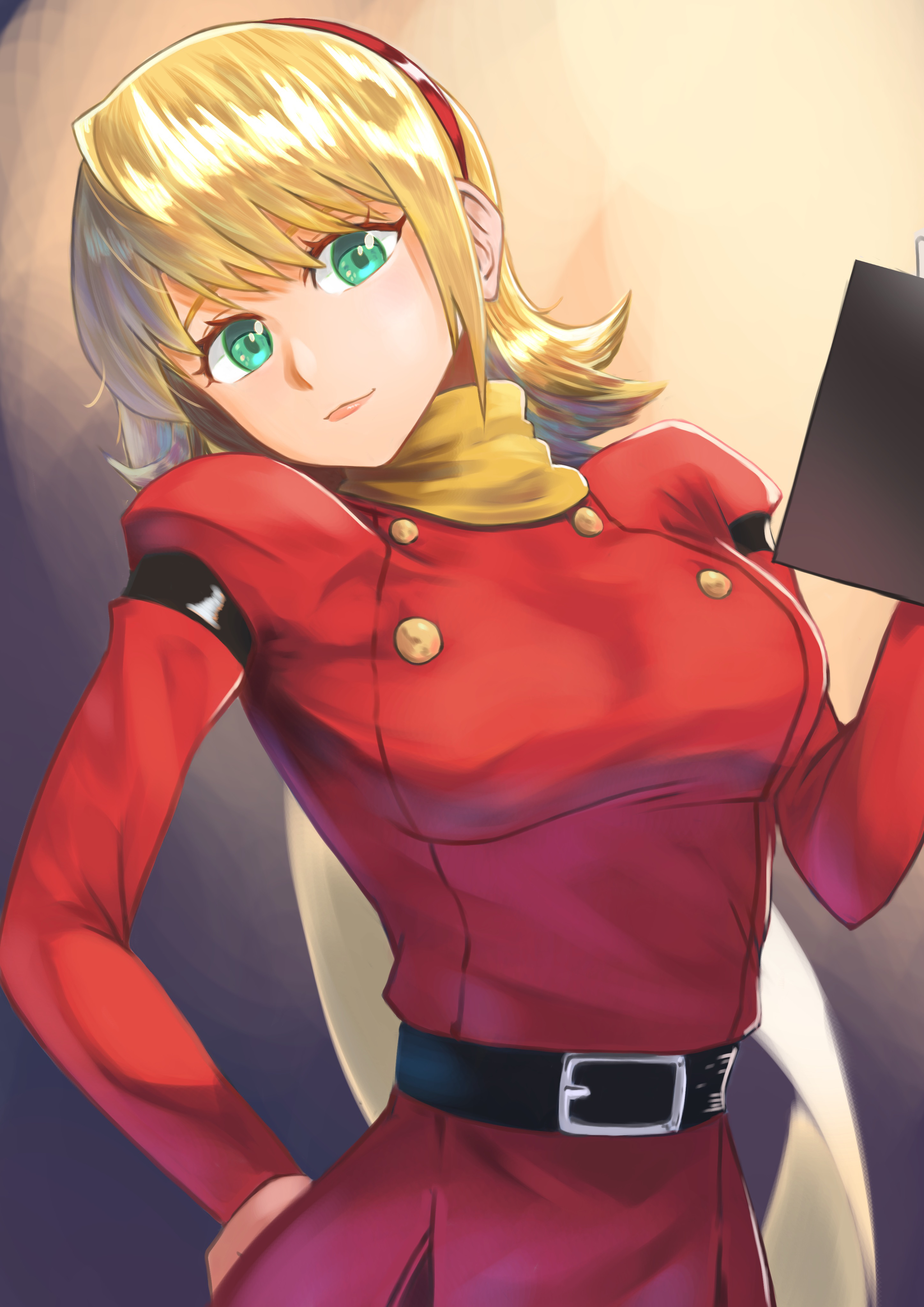 hara kenshi, francoise arnoul, cyborg 009, absurdres, highres, 1girl, belt, blonde hair, breasts, closed mouth, hairband, lips, long hair, looking at viewer, red hairband, scarf, smile, solo, yellow scarf