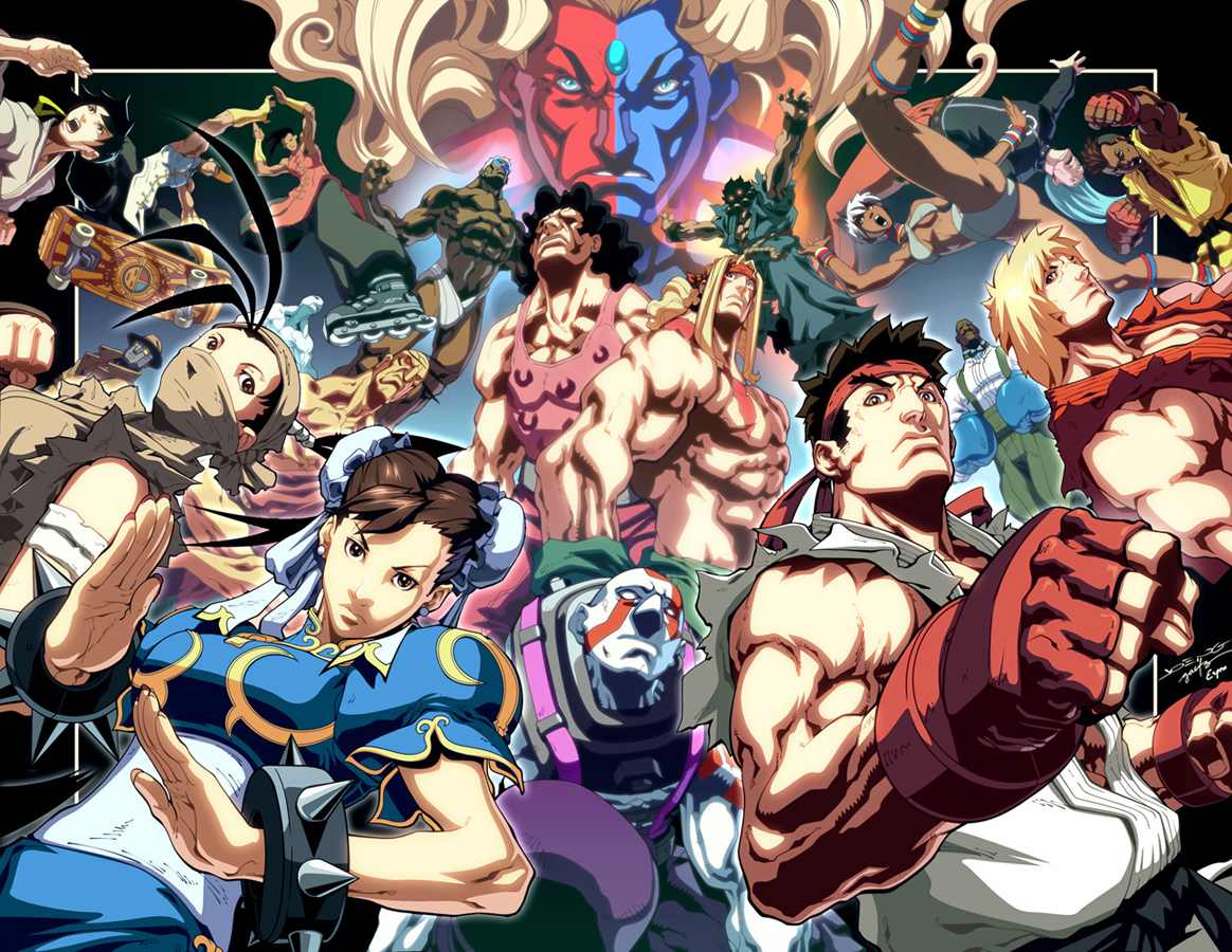 makoto, q, udon entertainment, akuma, akuma (street fighter), alex, chun-li, dudley, gill, hugo andore, ibuki, ken masters, necro (street fighter), oro, sean matsuda, skids, urien, yang lee, yun lee, capcom, street fighter, street fighter ii, street fighter iii, street fighter iii: 3rd strike, street fighter zero, street fighter zero 3, elena, remy, ryuu (street fighter), silver hair, twelve, ball, bandages, bare shoulders, barefoot, belt, bikini, bikini top only, black eyes, black hair, blonde hair, blue eyes, blush, boots, boxing gloves, bracelet, breasts, brown eyes, brown hair, bun cover, china dress, chinese clothes, cleavage, dark skin, double bun, elbow gloves, everyone, everyone fighting, fingerless gloves, gloves, glowing, green eyes, hat, headband, jewelry, kicking, kunai, long hair, muscular, necklace, ninja, panties, pantyhose, pantyshot, red eyes, red hair, ring, shirt, shoes, short hair, skate, skating, spikes, stretching, swimsuit, thighhighs, thighs, trench coat, udon, underboob, underwear, weapon, white hair