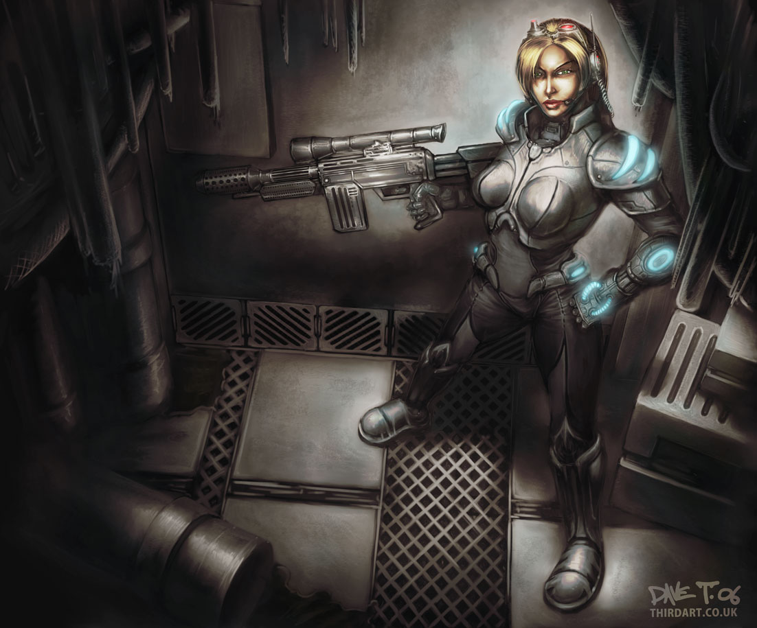 nova (starcraft), starcraft, tagme, armor, blonde hair, boots, breasts, costume, ghost, green eyes, lipstick, long hair, makeup, power armor