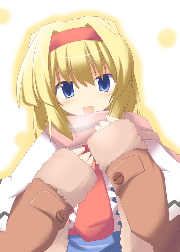 kugui kiyunemu, alice margatroid, touhou, 1girl, :d, blonde hair, blue eyes, coat, female focus, fur trim, long sleeves, looking at viewer, necktie, open mouth, red necktie, red scarf, scarf, short hair, simple background, smile, solo, uppercut, white background, winter clothes, winter coat