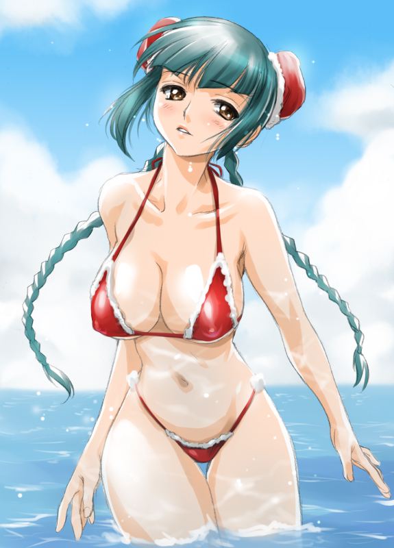 mitarashi kousei, wang liu mei, gundam, gundam 00, 00s, 1girl, bikini, blue hair, blush, braid, breasts, brown eyes, bun cover, christmas, cleavage, covered erect nipples, day, female focus, large breasts, looking at viewer, navel, parted lips, partially submerged, red bikini, santa bikini, santa costume, solo, strap gap, swimsuit, thigh gap, twin braids, wading