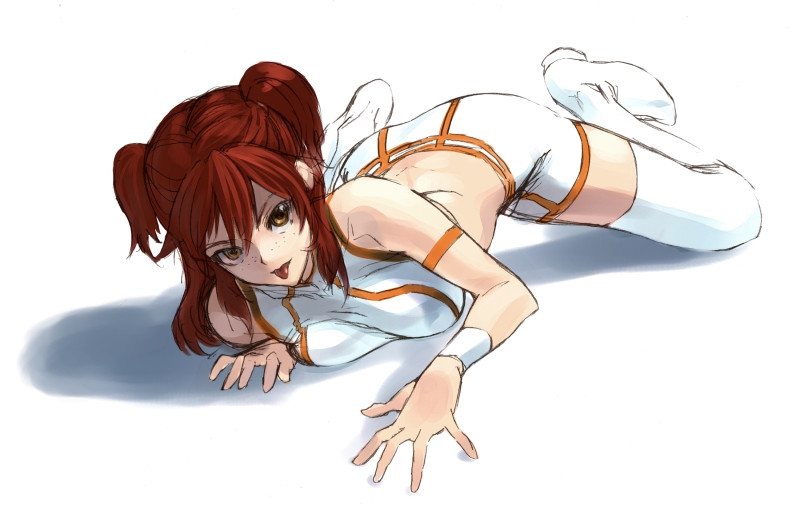 shimotsuki eight, nena trinity, gundam, gundam 00, 00s, 1girl, :p, ass, female focus, freckles, legs, midriff, red hair, shorts, solo, thighhighs, tongue, tongue out, two side up, yellow eyes, zettai ryouiki