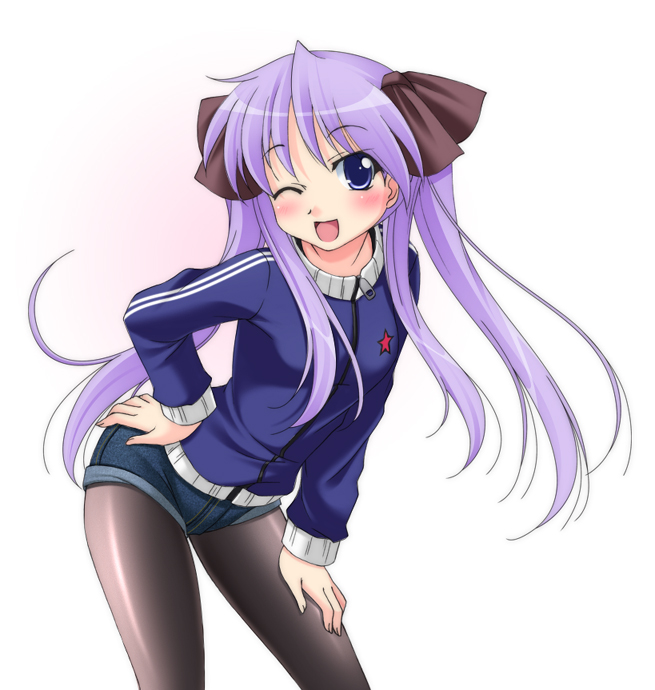 narutaki shin, hiiragi kagami, lucky star, 00s, 1girl, ;d, black pantyhose, blush, female focus, jacket, leaning forward, one eye closed, open mouth, pantyhose, pantyhose under shorts, short shorts, shorts, smile, solo, track jacket, twintails, wink