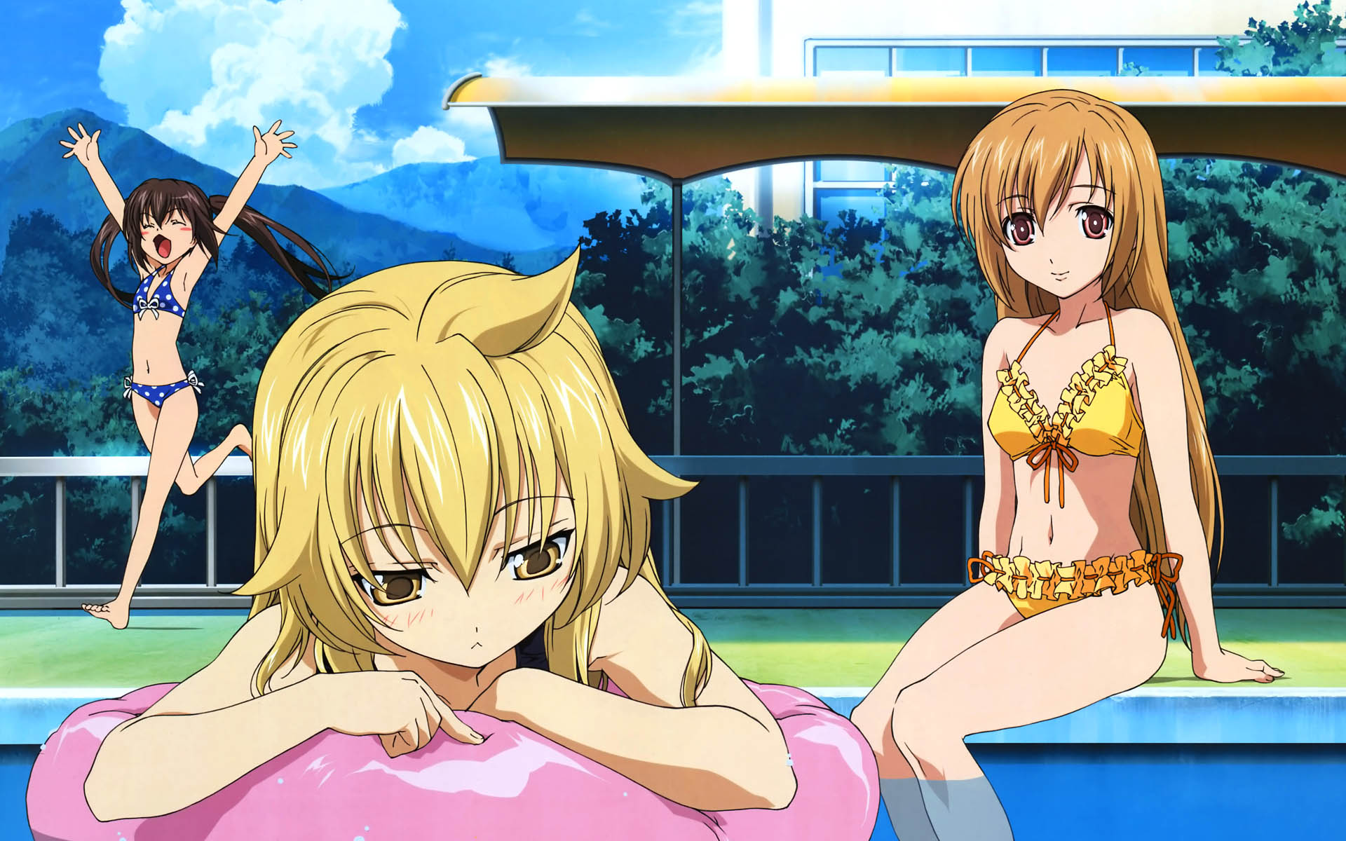 okada maiko, minami chiaki, minami haruka, minami kana, comp h's, minami-ke, highres, 00s, 3girls, :<, ahoge, arm support, armpits, arms up, barefoot, bikini, black hair, blonde hair, blush, brown hair, closed eyes, cloud, day, feet, flat chest, frilled bikini, frills, front-tie top, happy, innertube, long hair, mountain, multiple girls, navel, open mouth, orange hair, outdoors, pink eyes, pointing, polka dot, polka dot bikini, polka dot swimsuit, pool, poolside, running, siblings, side-tie bikini bottom, sisters, sitting, sky, smile, soaking feet, swim ring, swimsuit, twintails, water, yellow eyes