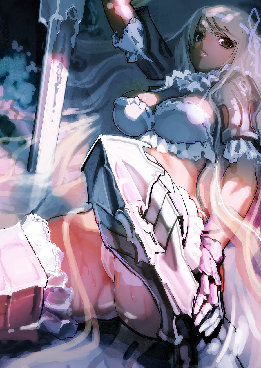 sanbasou, original, highres, armor, fantasy, frills, panties, solo, sword, underwear, weapon