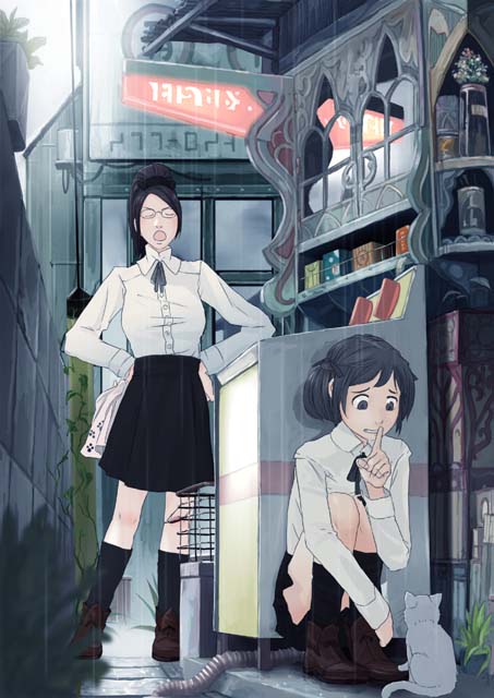 teikoku shounen, original, duplicate, 2girls, cat, hiding, multiple girls, rain, school uniform, serafuku
