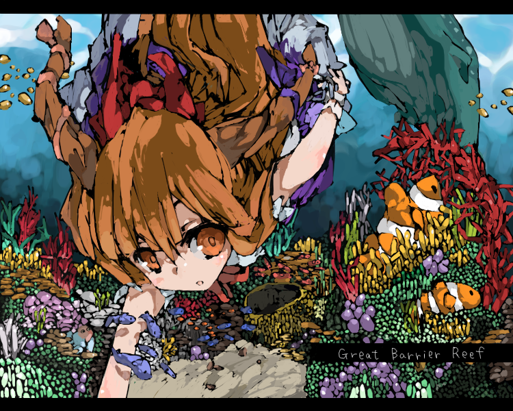 cusui, ibuki suika, touhou, 1girl, clownfish, coral, english text, female focus, fish, horns, letterboxed, orange eyes, orange hair, solo, underwater