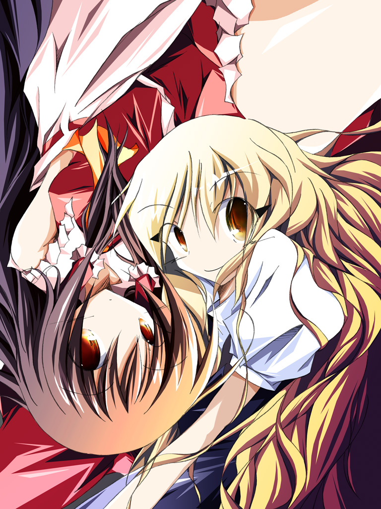 mashiroyu, hakurei reimu, kirisame marisa, touhou, eyebrows, 2girls, ascot, bare shoulders, black dress, blonde hair, bow, breasts, brown hair, collar, detached sleeves, dress, eyelashes, female focus, frilled shirt collar, frilled skirt, frills, hair bow, hair tubes, long hair, multiple girls, no headwear, puffy short sleeves, puffy sleeves, red bow, red ribbon, red shirt, red skirt, ribbon, ribbon-trimmed sleeves, ribbon trim, shirt, short sleeves, skirt, sleeveless, sleeveless shirt, small breasts, smile, upside-down, white collar, white shirt, white sleeves, yellow ascot, yellow eyes
