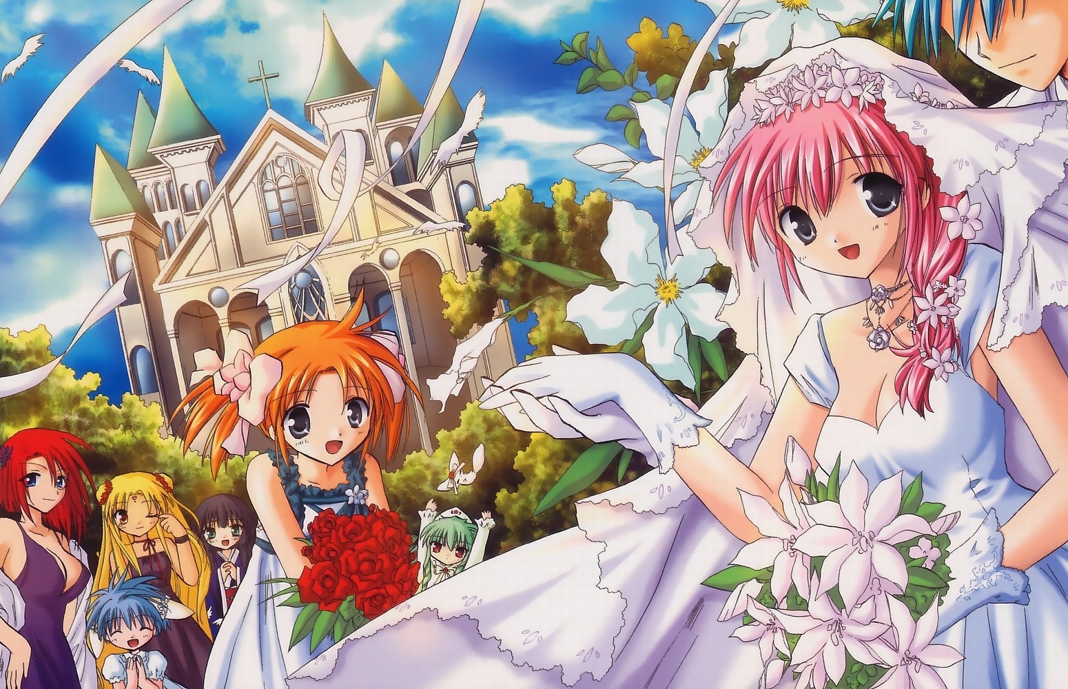 kanan, apricot sakuraba, forte stollen, karasuma chitose, milfeulle sakuraba, mint blancmanche, ranpha franboise, takuto meyers, vanilla h, broccoli (company), galaxy angel, galaxy angel rune, 00s, 1boy, 6+girls, blonde hair, bridal veil, bride, church, dress, dutch angle, flower, monocle, multiple girls, outdoors, veil, wedding, wedding dress