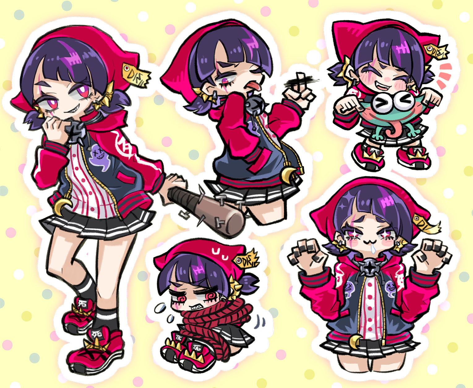 coqui, rummy & coqui, commission, highres, skeb commission, > <, + +, 1girl, :3, animal, baseball bat, black hair, black nails, black skirt, black socks, blush, blush stickers, bound, bright pupils, chibi, chibi inset, claw pose, closed eyes, cropped legs, earrings, eyelashes, flying sweatdrops, frog, full body, hand in pocket, holding, holding animal, holding baseball bat, holding frog, holding weapon, hood, hooded jacket, jacket, jewelry, long sleeves, middle finger, multicolored hair, nail polish, nora (nora3l), one eye closed, open clothes, open jacket, outline, pink eyes, polka dot, polka dot background, purple hair, red shoes, rope, saliva, scar, scar across eye, scar on face, sharp teeth, shirt, shoes, short twintails, skirt, smile, socks, spiked bat, streaked hair, teeth, tied up (nonsexual), tongue, tongue out, twintails, virtual youtuber, weapon, white outline, white pupils