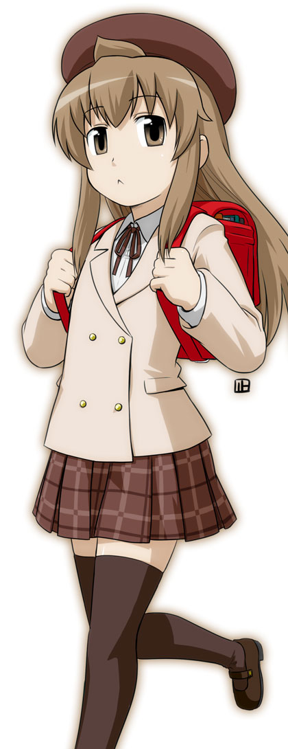 nagian, minami chiaki, minami-ke, 00s, ahoge, backpack, bag, beret, brown eyes, brown hair, hat, randoseru, school uniform, serafuku, solo, thighhighs