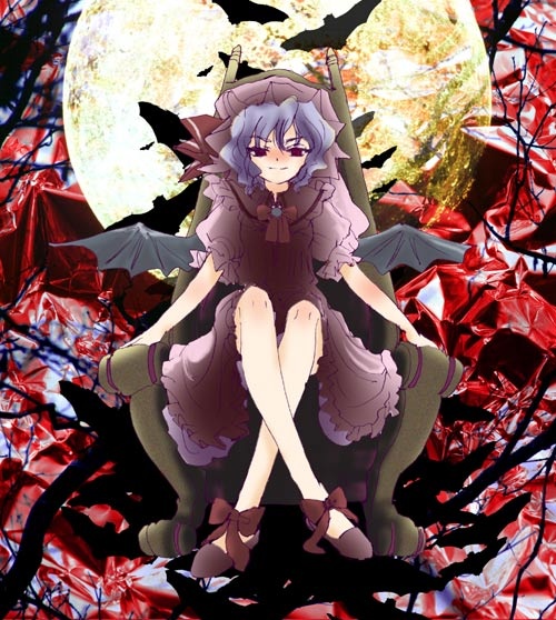 remilia scarlet, touhou, 1girl, bat wings, female focus, full moon, hat, moon, solo, wings