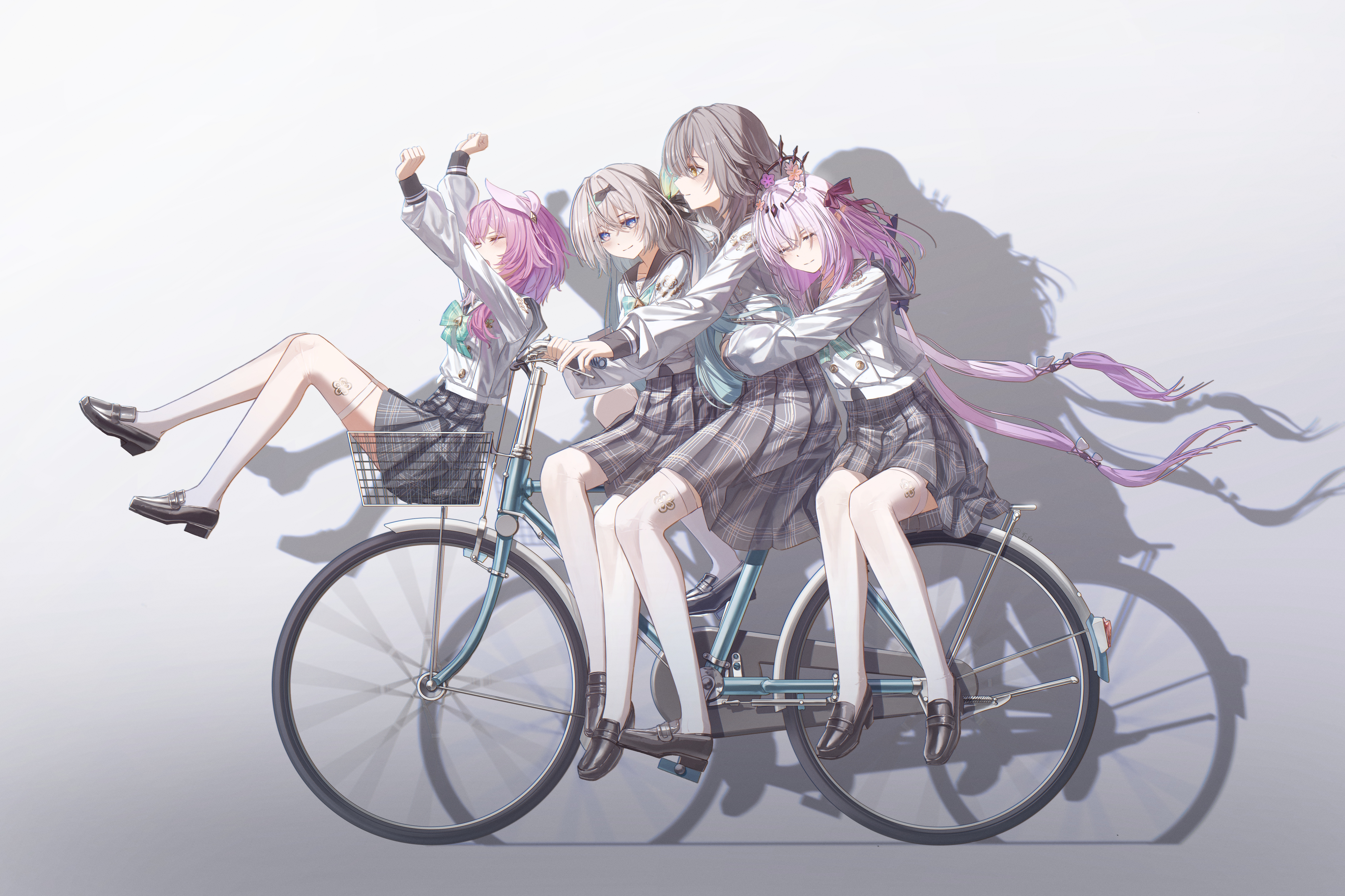 bu bai (wres2744), castorice (honkai: star rail), cyrene (honkai: star rail), firefly (honkai: star rail), firefly (spring missive) (honkai: star rail), stelle (honkai: star rail), trailblazer (honkai: star rail), honkai: star rail, honkai (series), absurdres, commentary request, highres, 4girls, bicycle, bicycle basket, black hairband, black shoes, black tiara, breasts, buttons, cosplay, double-breasted, firefly (honkai: star rail) (cosplay), flower, grey hair, grey skirt, hair flower, hair ornament, hairband, hug, long hair, multiple girls, official alternate costume, pleated skirt, purple hair, riding, riding bicycle, school uniform, shoes, short hair, skirt, thighhighs, tiara, very long hair, vest, white thighhighs, white vest