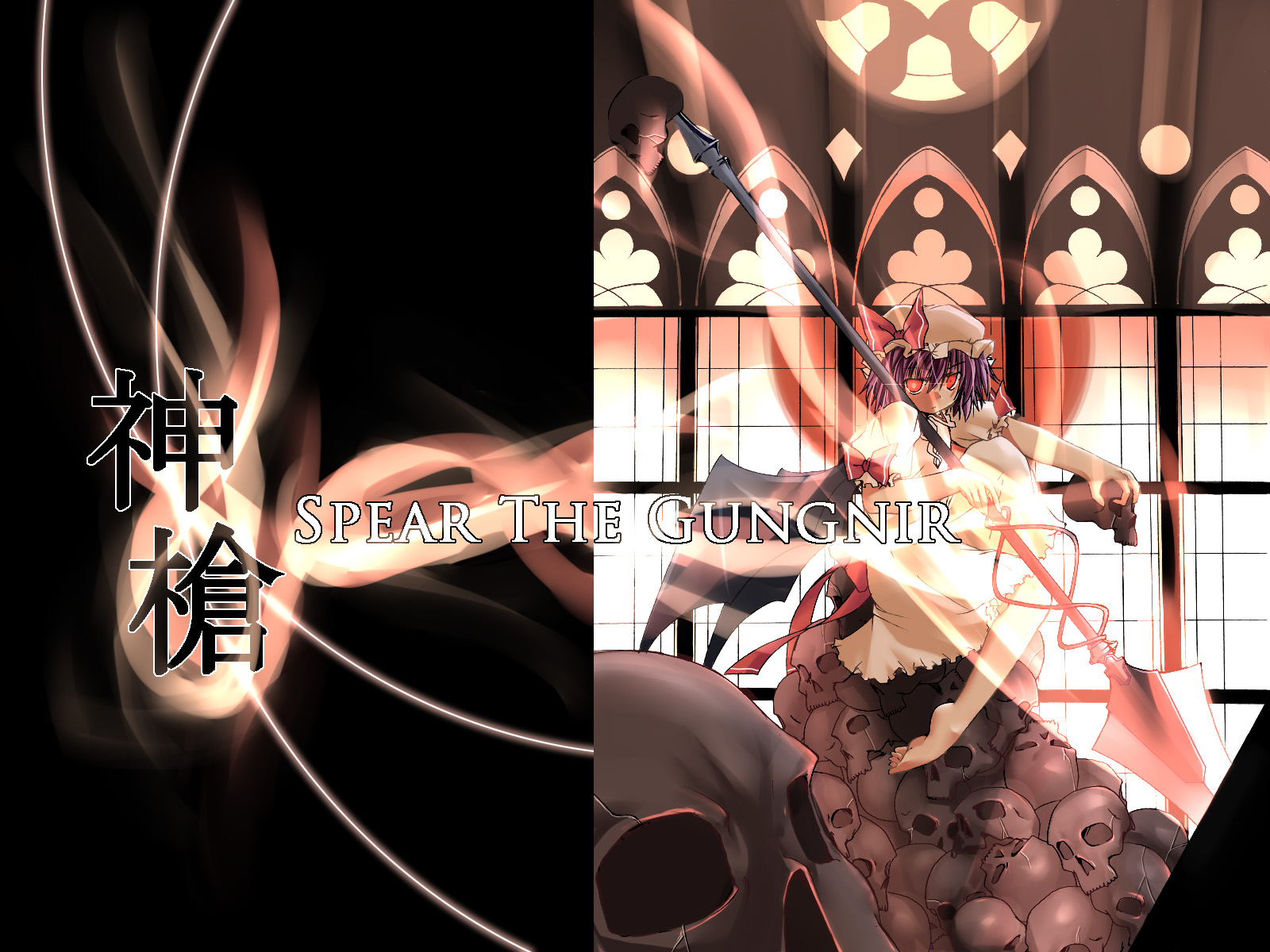 yuuki eishi, remilia scarlet, touhou, highres, 1girl, female focus, hat, looking at viewer, mob cap, red eyes, solo, spear the gungnir