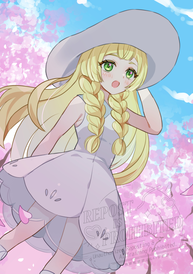 mizuiro123, lillie (pokemon), nintendo, pokemon, pokemon sm, 1girl, :d, blonde hair, blush, braid, cherry blossoms, dress, green eyes, hat, long hair, looking at viewer, open mouth, sleeveless, sleeveless dress, smile, solo, twin braids, white dress, white hat