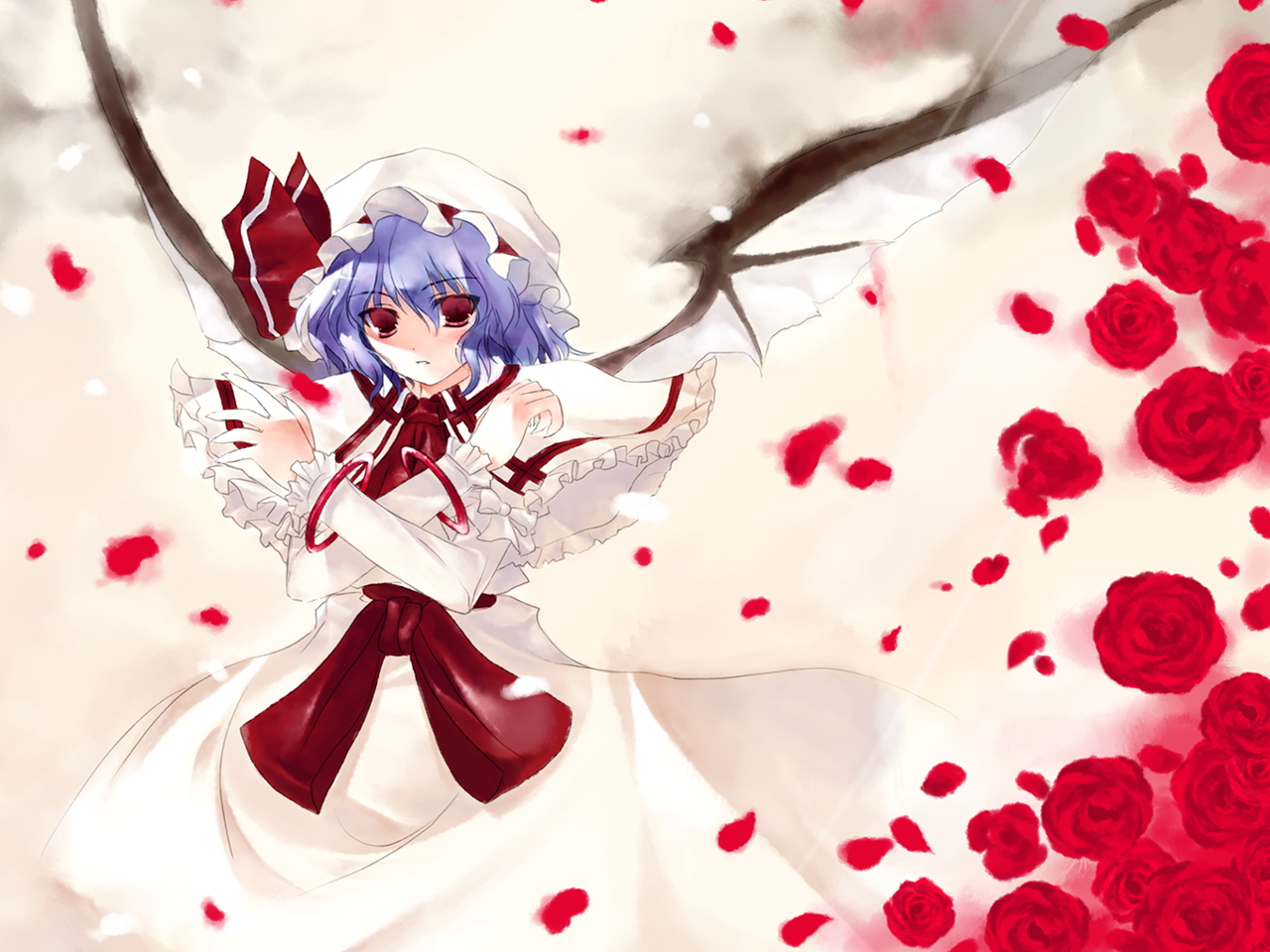 remilia scarlet, touhou, 1girl, bat wings, female focus, flower, gradient background, hat, plant, red eyes, solo, wings