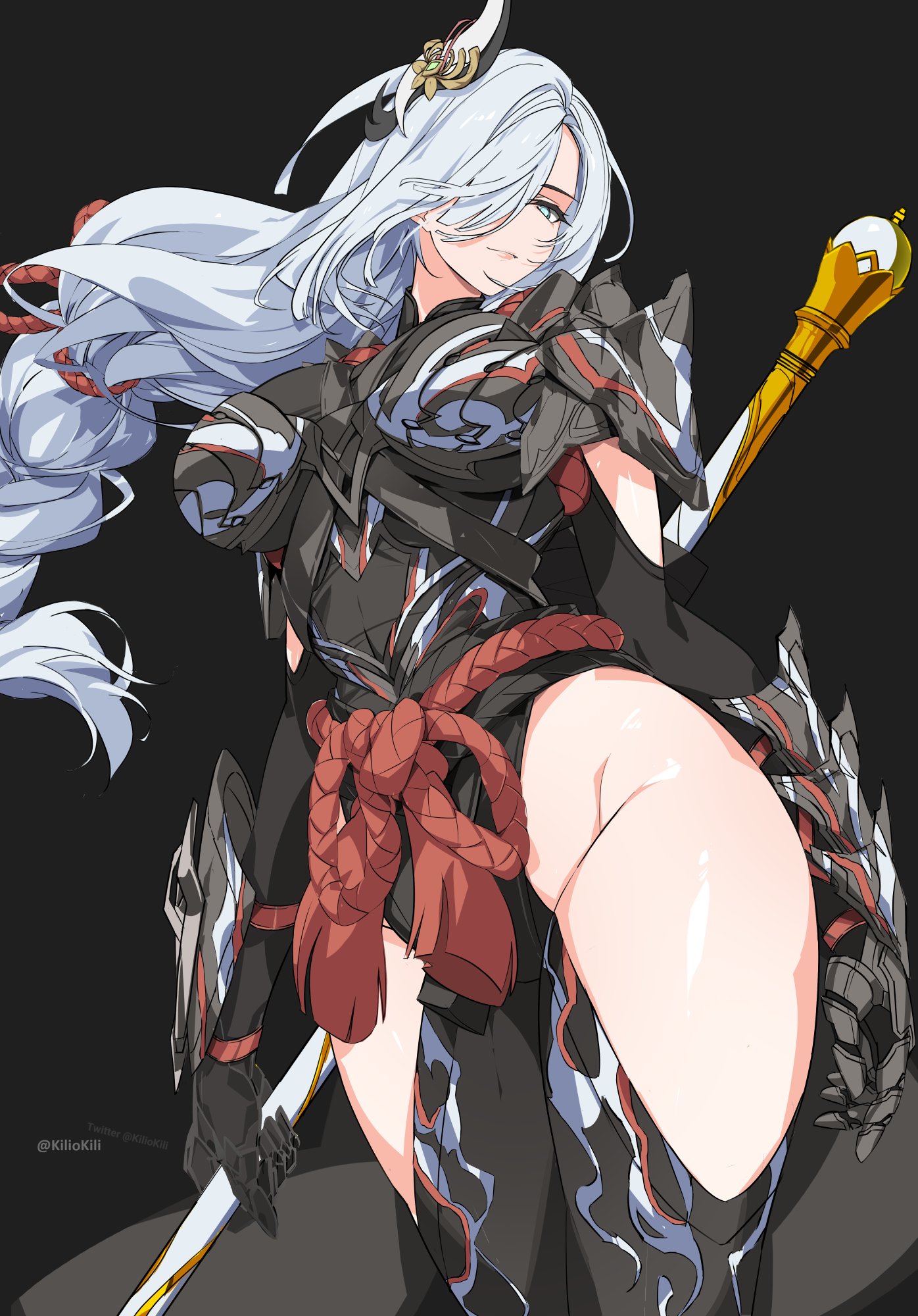 kili kilio, shenhe (genshin impact), genshin impact, commentary, commission, english commentary, highres, 1girl, alternate costume, black background, blue eyes, breasts, clothing cutout, cowboy shot, gauntlets, hair between eyes, hair ornament, hair over one eye, hip vent, holding, holding behind back, holding polearm, holding polearm behind back, holding weapon, holding weapon behind back, large breasts, long hair, looking at viewer, polearm, smile, solo, thick thighs, thighs, twitter username, very long hair, weapon, white hair