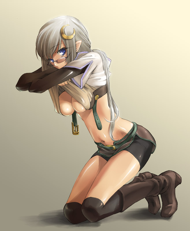 hunter (ragnarok online), ragnarok online, 1girl, boots, breasts, brown boots, female focus, glasses, hunter, large breasts, solo, undressing
