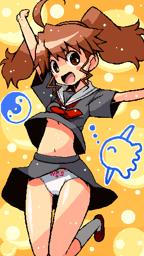 shirono, inoue kikuko, sayonara zetsubou sensei, grey legwear, tagme, 00s, 1girl, ahoge, bird, black serafuku, blush stickers, breasts, brown hair, facing viewer, female focus, happy, jumping, knees together feet apart, looking at viewer, midriff, navel, oekaki, panties, pantyshot, penguin, school uniform, serafuku, short sleeves, small breasts, smile, solo, thigh gap, twintails, underwear, white panties