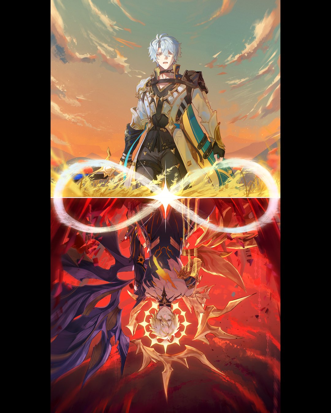 phainon (honkai: star rail), honkai: star rail, honkai (series), highres, 2boys, armor, gloves, male focus, multiple boys, sky, sword, weapon, yjh ism