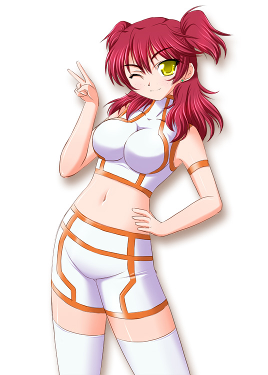hirorin, nekono matatabi, nena trinity, gundam, gundam 00, 00s, 1girl, female focus, freckles, midriff, one eye closed, red hair, shorts, solo, thighhighs, two side up, v, wink, yellow eyes, zettai ryouiki