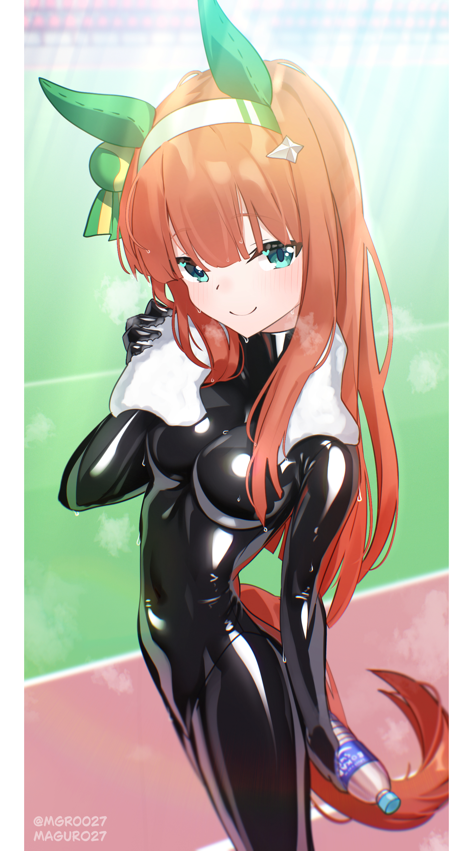 maguro27, silence suzuka (umamusume), umamusume, absurdres, highres, 1girl, animal ears, blue eyes, bodysuit, bottle, horse ears, horse girl, horse tail, impossible bodysuit, impossible clothes, latex, latex bodysuit, long hair, looking at viewer, orange hair, outdoors, skin tight, smile, solo, standing, sweatdrop, tail, very long hair