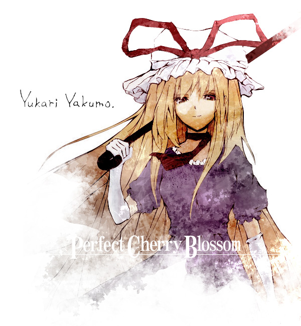 tsuki yuuhi, yakumo yukari, touhou, 1girl, blonde hair, bow, character name, copyright name, dress, elbow gloves, female focus, frills, gloves, hat, long hair, red eyes, ribbon, simple background, solo, very long hair, white gloves