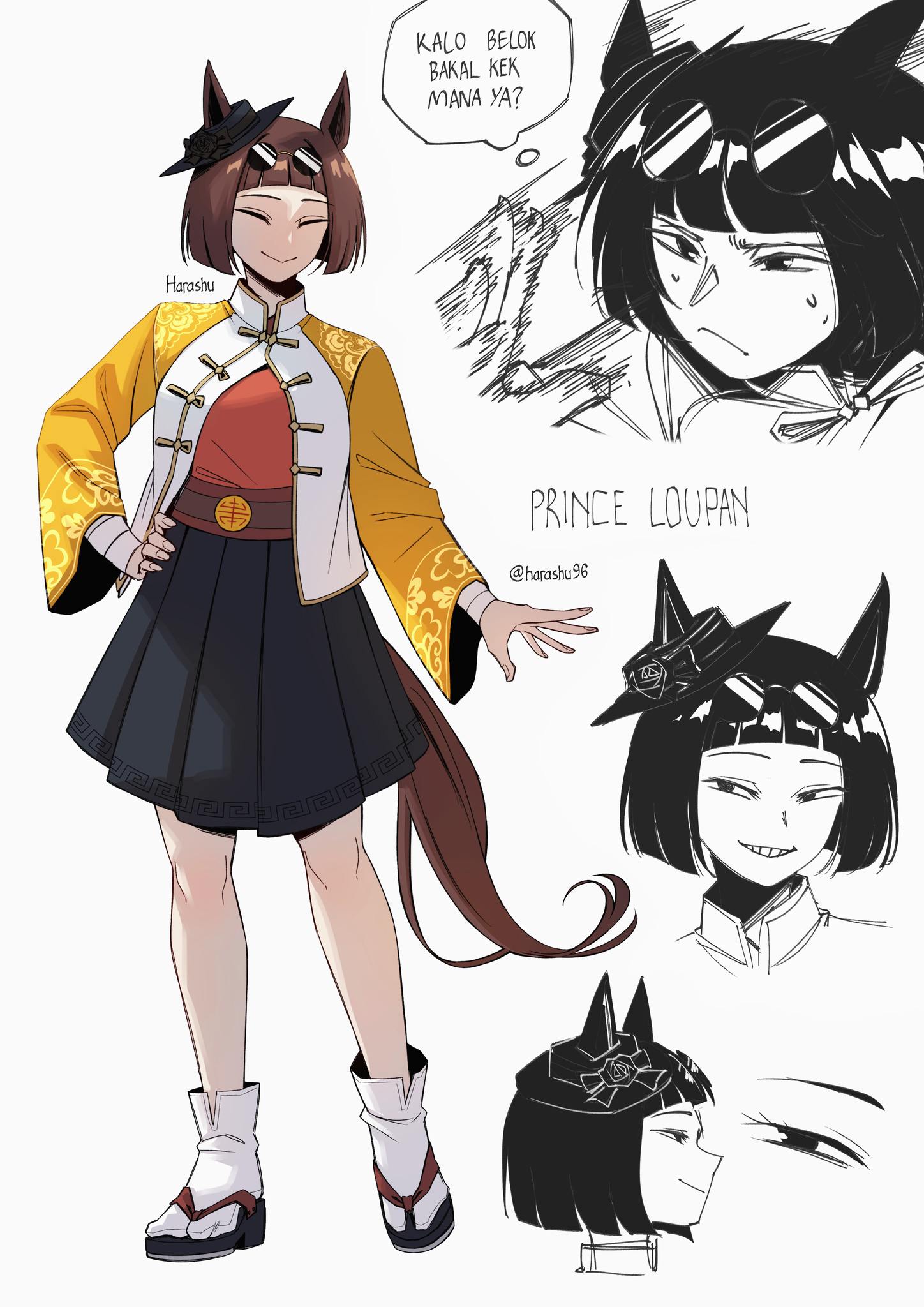 harashu (harashu96), original, umamusume, highres, translation request, animal ears, chinese clothes, eyewear on head, horse ears, horse girl, horse tail, round eyewear, tail