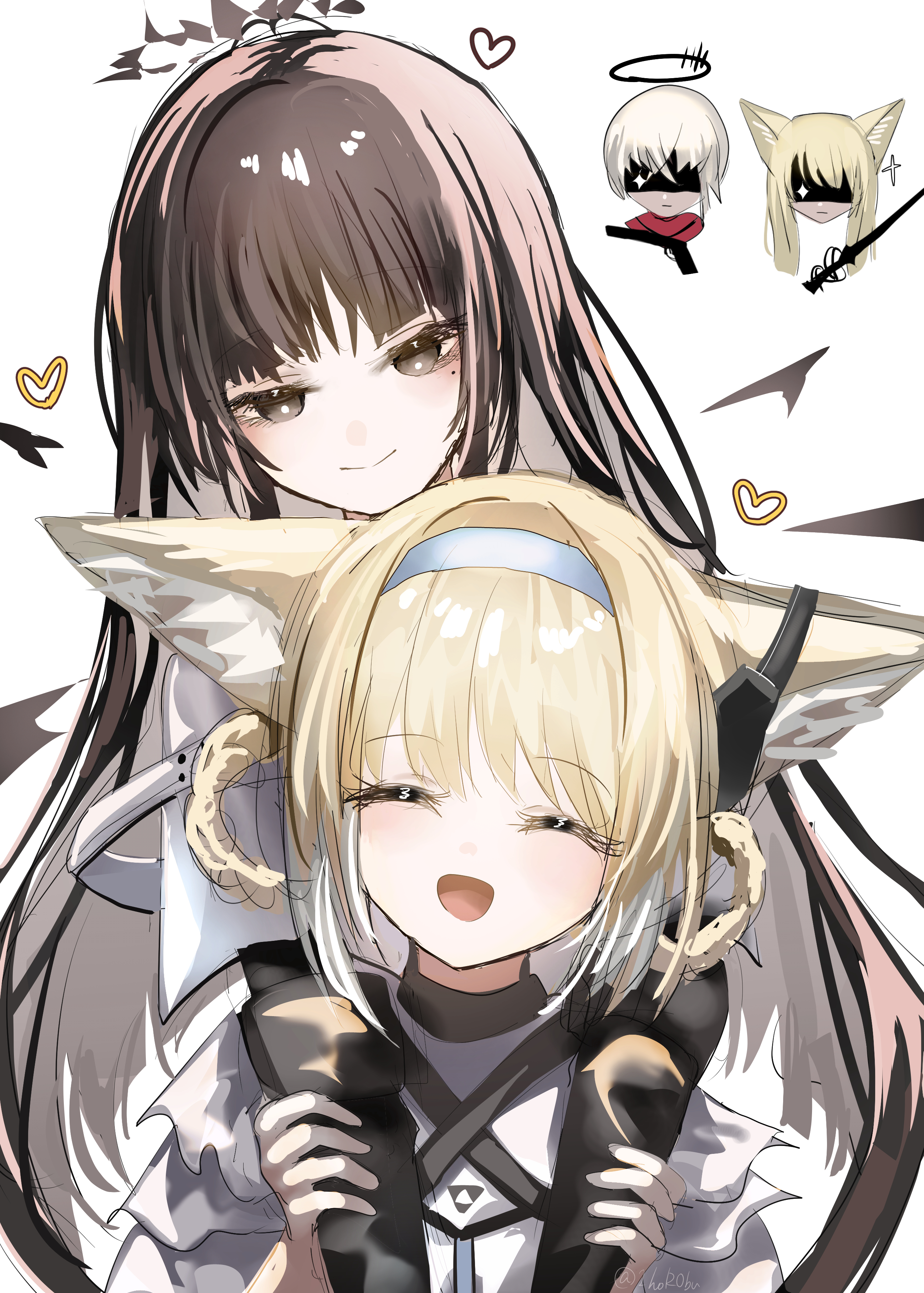 horobu, executor (arknights), suzuran (arknights), virtuosa (arknights), vulpisfoglia (arknights), arknights, absurdres, commentary, highres, 1boy, 2girls, animal ear fluff, animal ears, black eyes, black gloves, black hair, blonde hair, blue hairband, blunt bangs, braid, braided hair rings, closed eyes, earpiece, fox ears, gloves, hair rings, hairband, halo, heart, hug, long hair, multicolored hair, multiple girls, open mouth, smile, two-tone hair, white background, wings