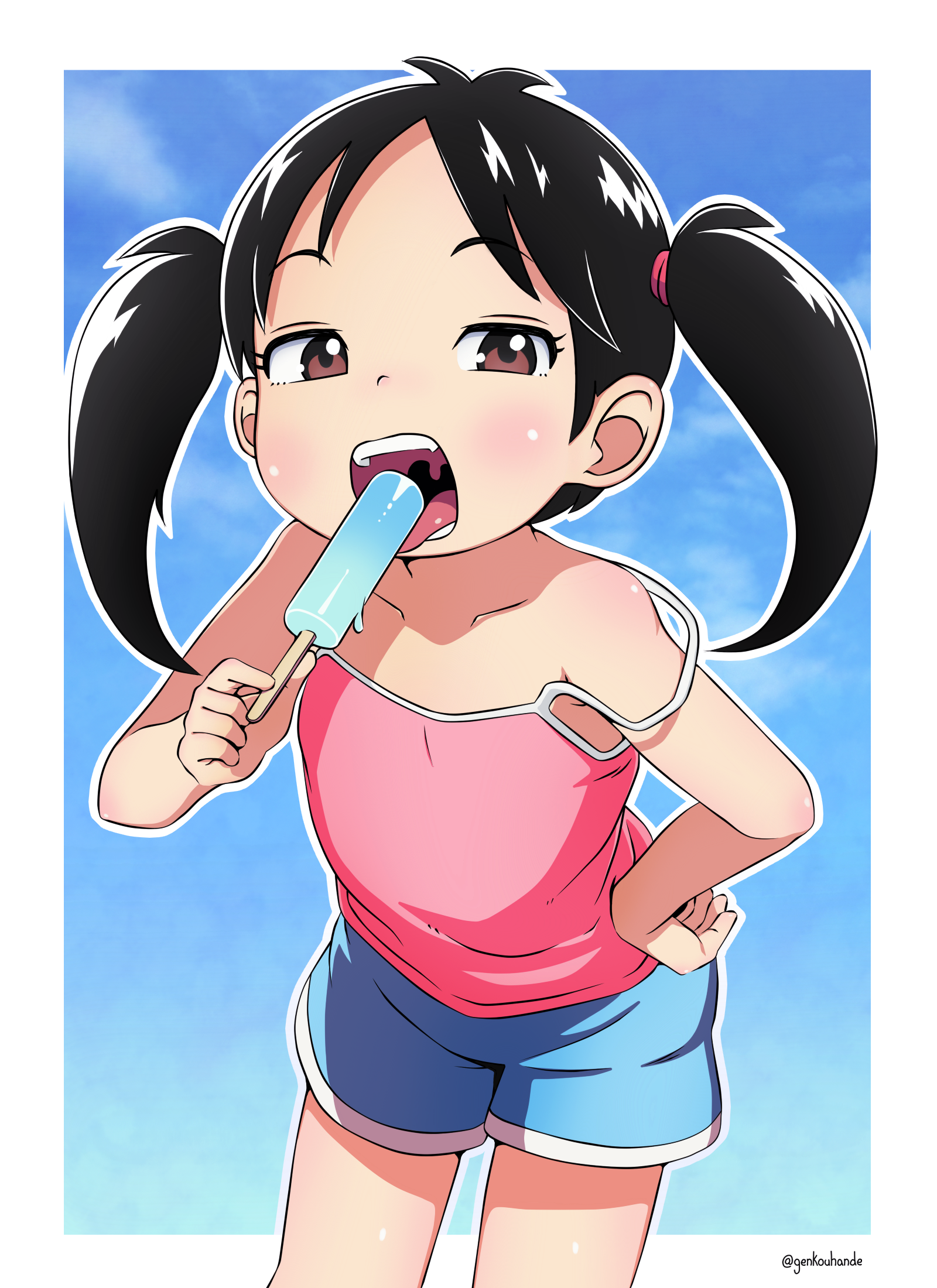 genkouhande, nishikawa noriko, urayasu tekkin kazoku, highres, 1girl, black hair, blush, border, brown eyes, collarbone, eyelashes, food, looking at viewer, open mouth, pink shirt, popsicle, shirt, short shorts, shorts, solo, twintails, white border