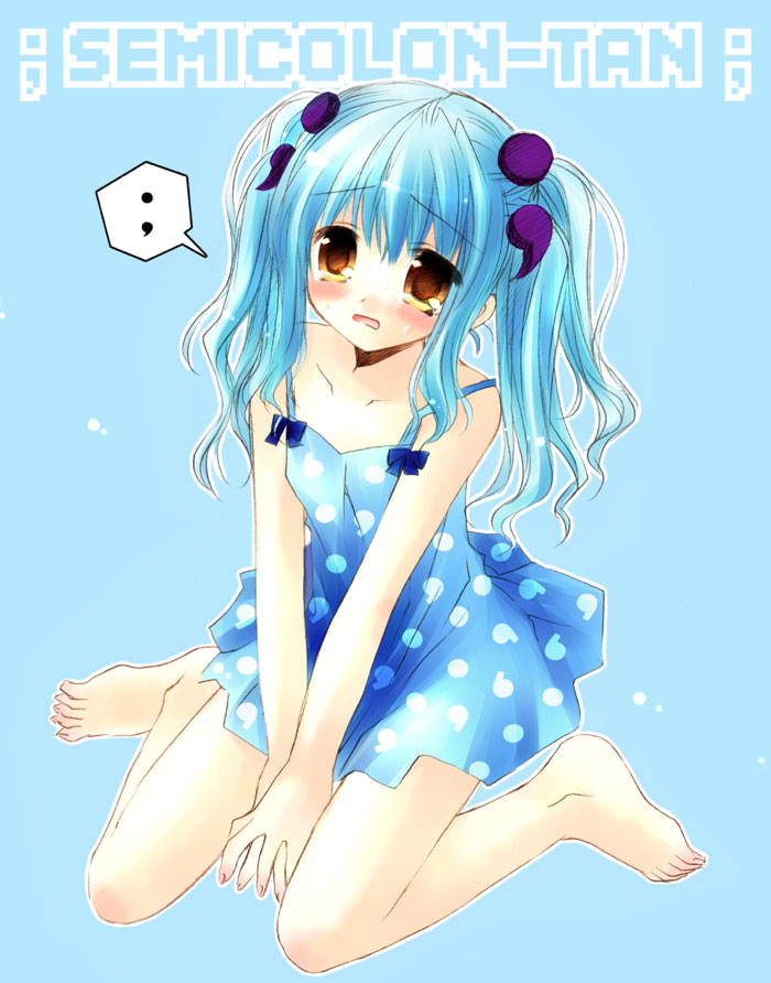sakurazawa izumi, semicolon-tan, original, os-tan, 1girl, barefoot, blue hair, blush, dress, feet, female focus, personification, sitting, solo, speech bubble, sundress, tears, twintails, wariza, yellow eyes