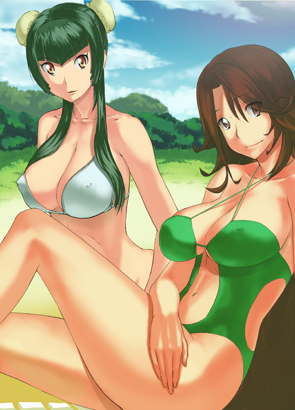 sfix, suka kusujirou, sumeragi lee noriega, wang liu mei, gundam, gundam 00, 00s, 2girls, bikini, breasts, brown eyes, brown hair, bun cover, cleavage, covered erect nipples, day, double bun, green hair, large breasts, legs, multiple girls, navel, swimsuit, thighs